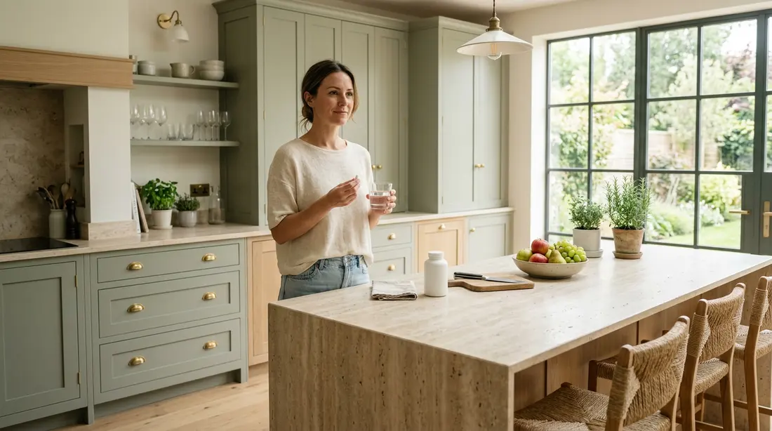 Woman taking a daily supplement capsule with a glass of water in a bright kitchen