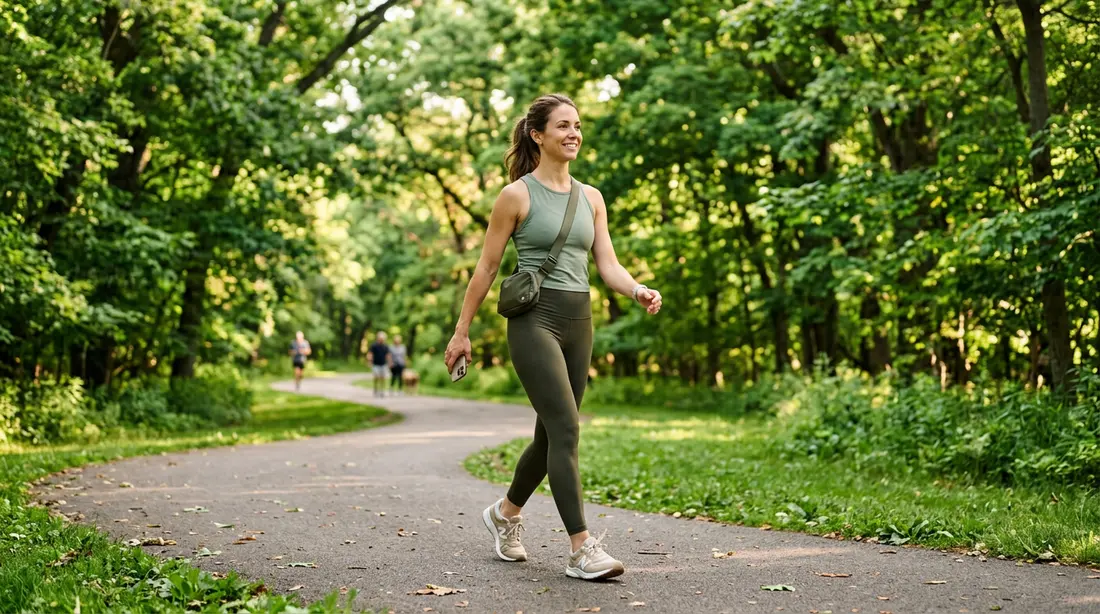 Woman on a morning walk in a green park, a healthy everyday routine