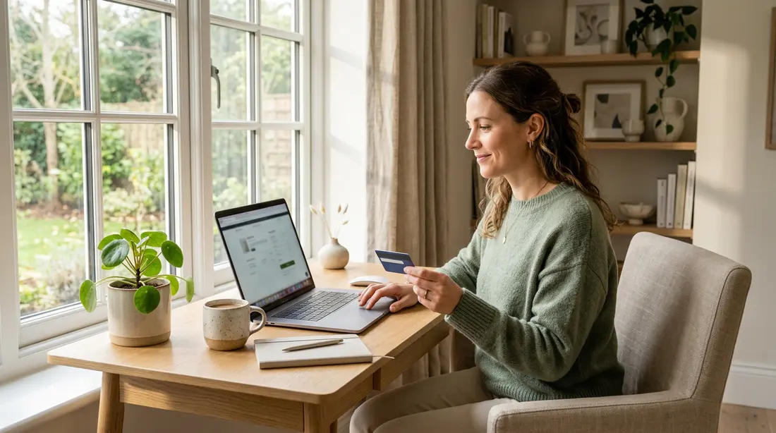 Woman placing a secure online order on her laptop with a credit card
