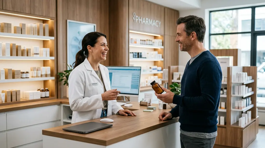 Pharmacist talking with a customer who is holding a supplement bottle