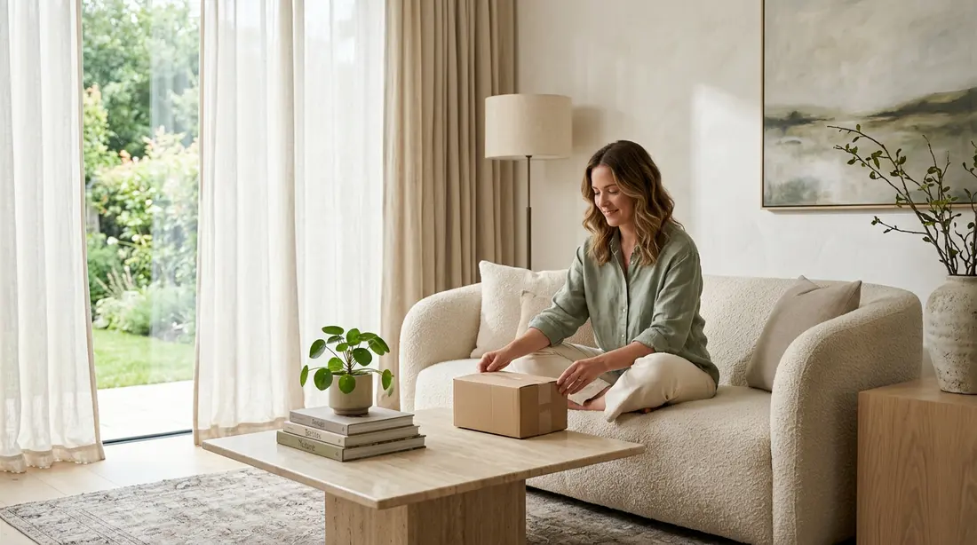Woman calmly opening a supplement delivery box at home