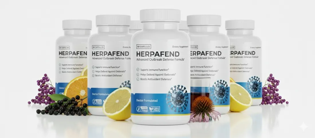 HerpaFend supplement bottles surrounded by elderberries, lemon, orange and echinacea flowers