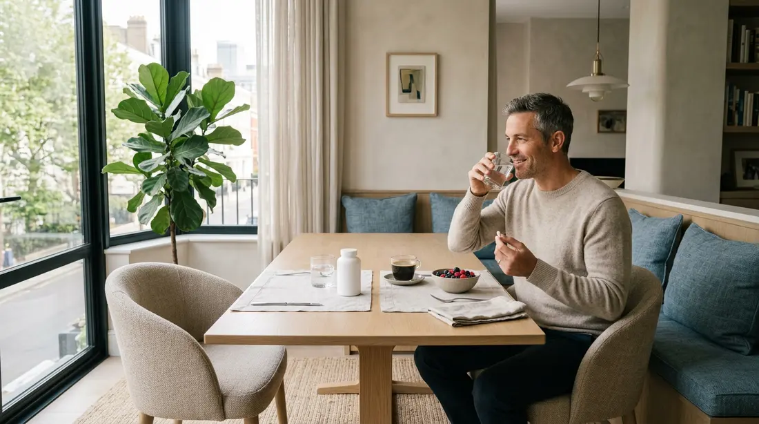 Man taking a daily supplement capsule with water at breakfast